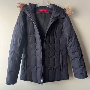 Anne Klein Black Down Jacket with Fur Hood Size S EUC